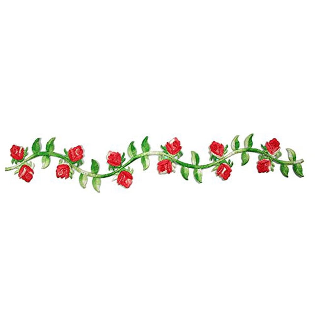 Altotux Red Flower Green Embroidered Plant Stem Vine Patch Iron on Applique 1 pc