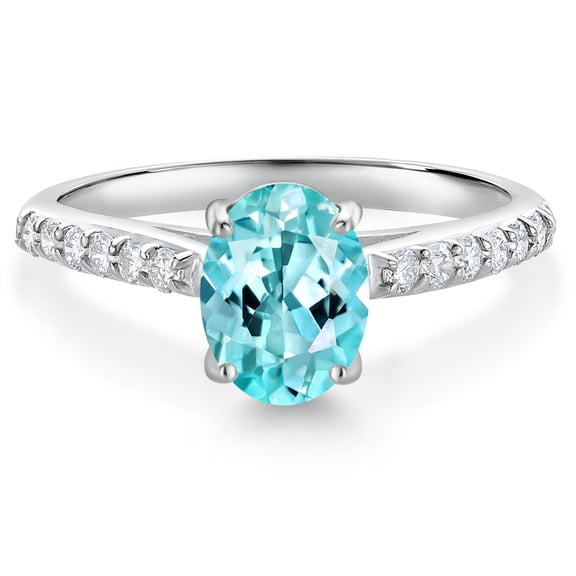 Gem Stone King 10K White Gold Blue Apatite and White Lab Grown Diamond Engagement Ring for Women (1.38 Cttw, Oval 8X6MM, Gemstone Birthstone, Size 8)