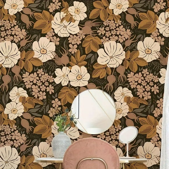 1pc Brown And Pink Whimsical Floral Wallpaper, Hand Painted Floral Design Wall Sticker, Vintage Floral Feature Wallpaper, Boho Style Floral Wallpaper, 17.7in*78.7in , Fall Aesthetic Wall Decor