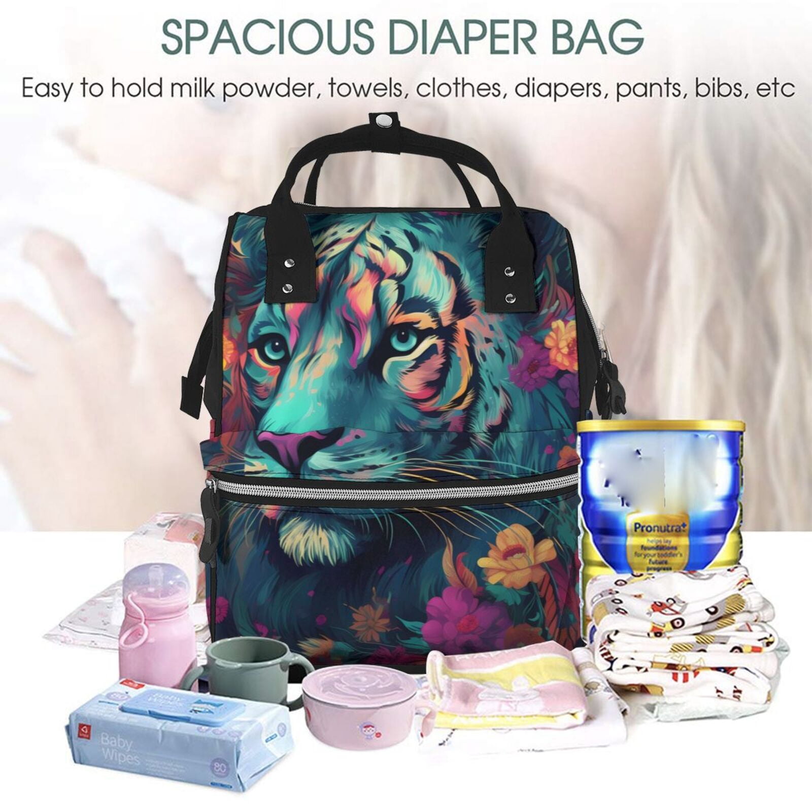 Fuzoiu Colorful Flower Tiger Print Diaper Bag Backpack,Baby Essentials Travel Tote,Multi function Waterproof Diaper Bag, Travel Essentials Baby Bag - Unisex