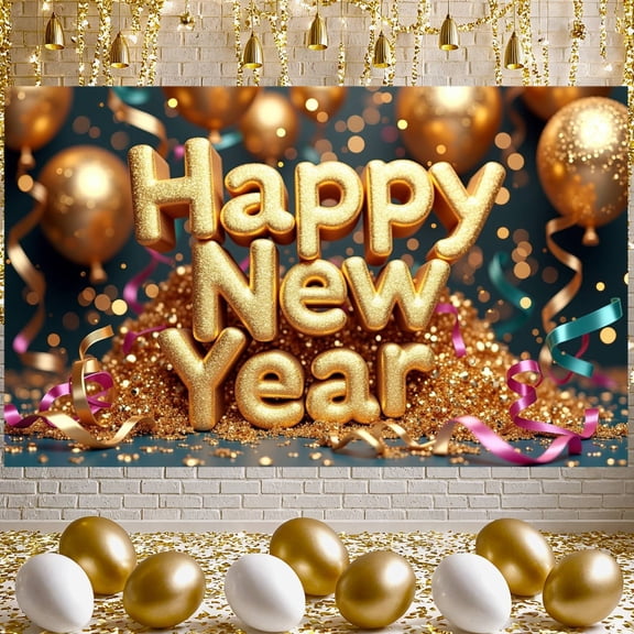 Gold Glitter Happy New Year Banner 3D Letters New Year Display Festive Ribbons Metallic Balloons Festive Backdrop for New Year Party Holiday Celebration New Year Eve