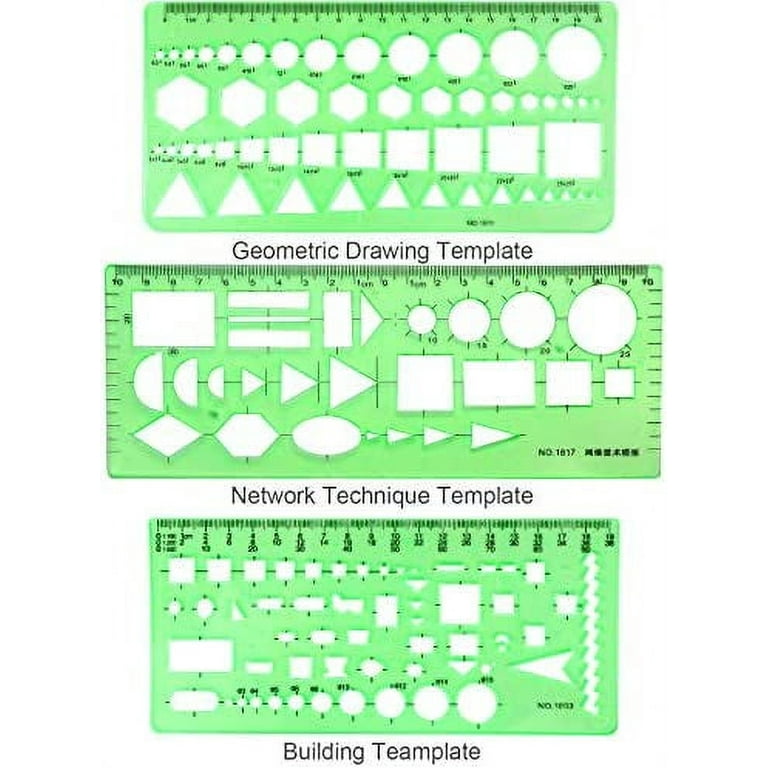 11PCS Geometric Drawings Templates, Drafting Stencils Measuring Tools,  BetyBedy Plastic Clear Green Ruler Shapes with a Zipper Bags for  Architecture, Office, Studying, Designing and Building