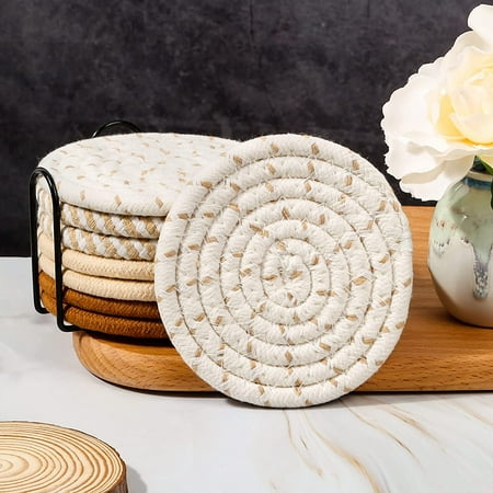 

Pcs Drink Coasters with Holder 4.3 Inches Minimalist Cotton Woven 4 Colors Absorbent Coaster Set for Home Decor Tabletop Protection Suitable for Kinds of Cups