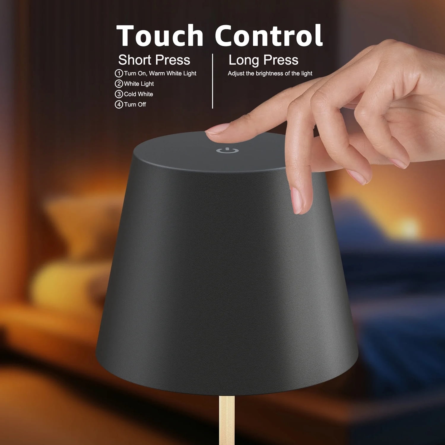 Postlucky 2 Pack 15" Cordless Table Lamp with LED, Touch Control, Dimmer, Plastic Shade, Metal Base, Matte Black