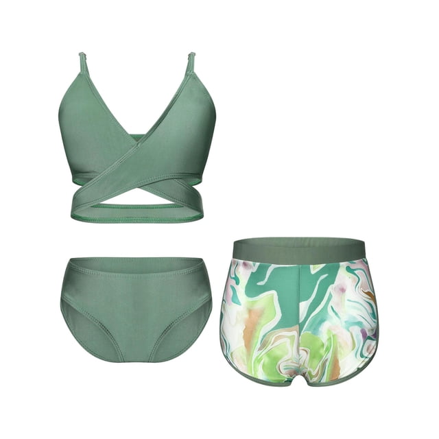 Raenseen Kids Girls 3-Piece Rash Guard Swimsuit Bathing Suit Bikini Set and Tropical Print Cover Up Beach Shorts Green 140