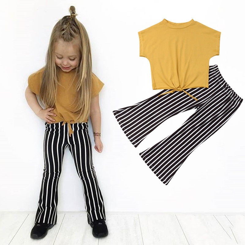 USA Toddler Baby Kids Girls Tops T Shirt Striped Pants Outfits Set Clothes 1-5T