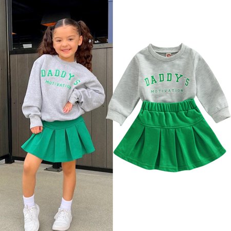 

Toddler Baby Girls St. Patricks Day Outfit Letter Print Long Sleeve Pullover Green Pleated Skirts Fall Spring