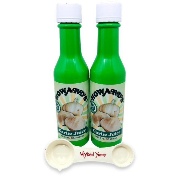 Howards Garlic Juice 5oz Bottles (Pack of 2) with (1) Wyked Yummy All in One Measuring Spoon