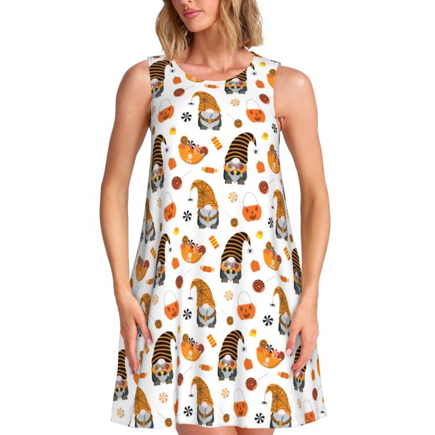 Balery Halloween Gnomes Vestidos de verano para mujer con estampado: vestido holgado sin mangas, vestido playero informal y cómodo para días calurosos.