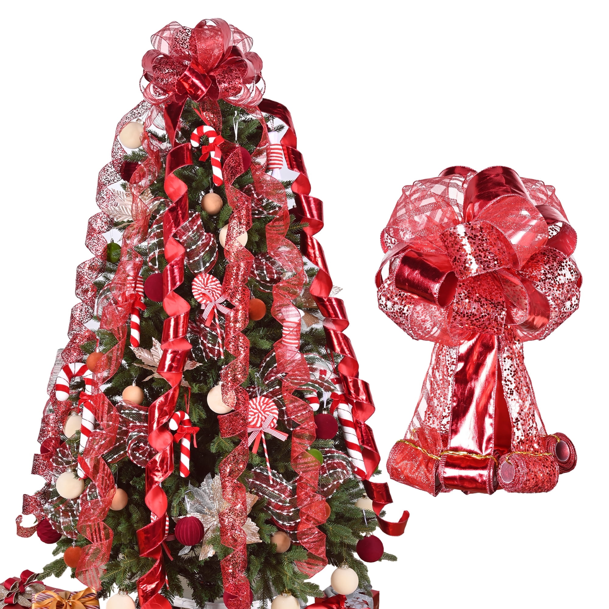 LoomJoyz 11 Inch Red Glitter Christmas Tree Topper Bow - 3 Yards Ribbon Streamer Tails Holiday Decor