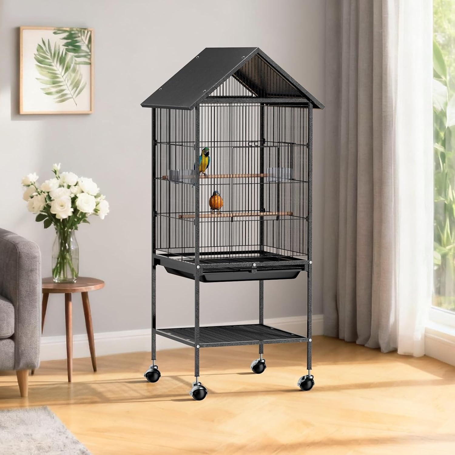 50" H Bird Cage, Bird Cages with Wheels for Parrots, Cockatiels, Budgies, Lovebirds, Small/Medium Birds (50" H with Spire Roof)