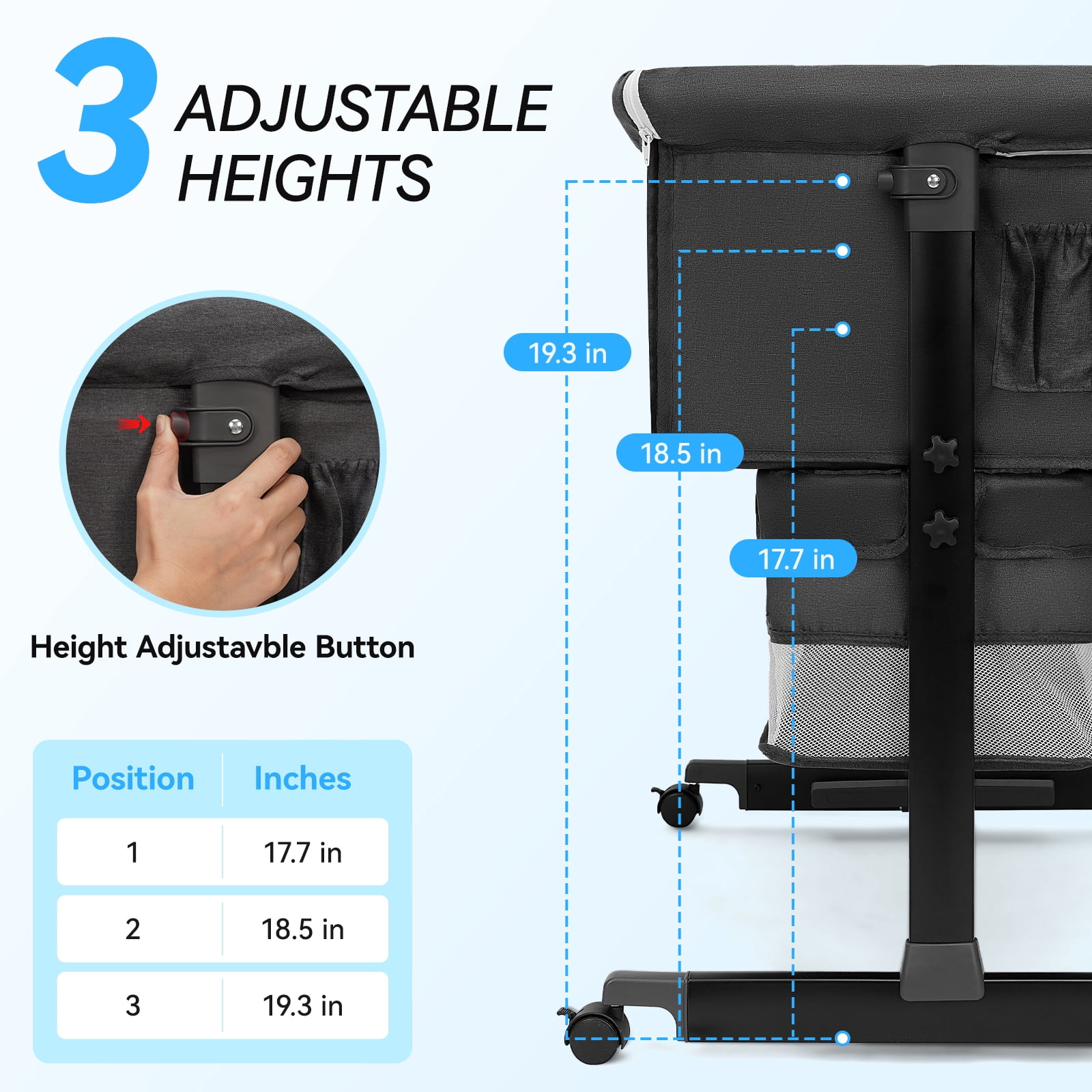kmaier Baby Bassinet Bedside Crib Foldable Portable  with Adjustable Height, Wheels and Storage Basket,Dark Gray
