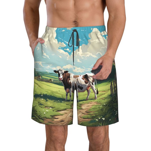 Fotbe Prairie Pasture Cow Trajes de Baño Estampados para Hombre, Shorts de Verano de Secado Rápido, Ropa de Playa, Bañadores-Large