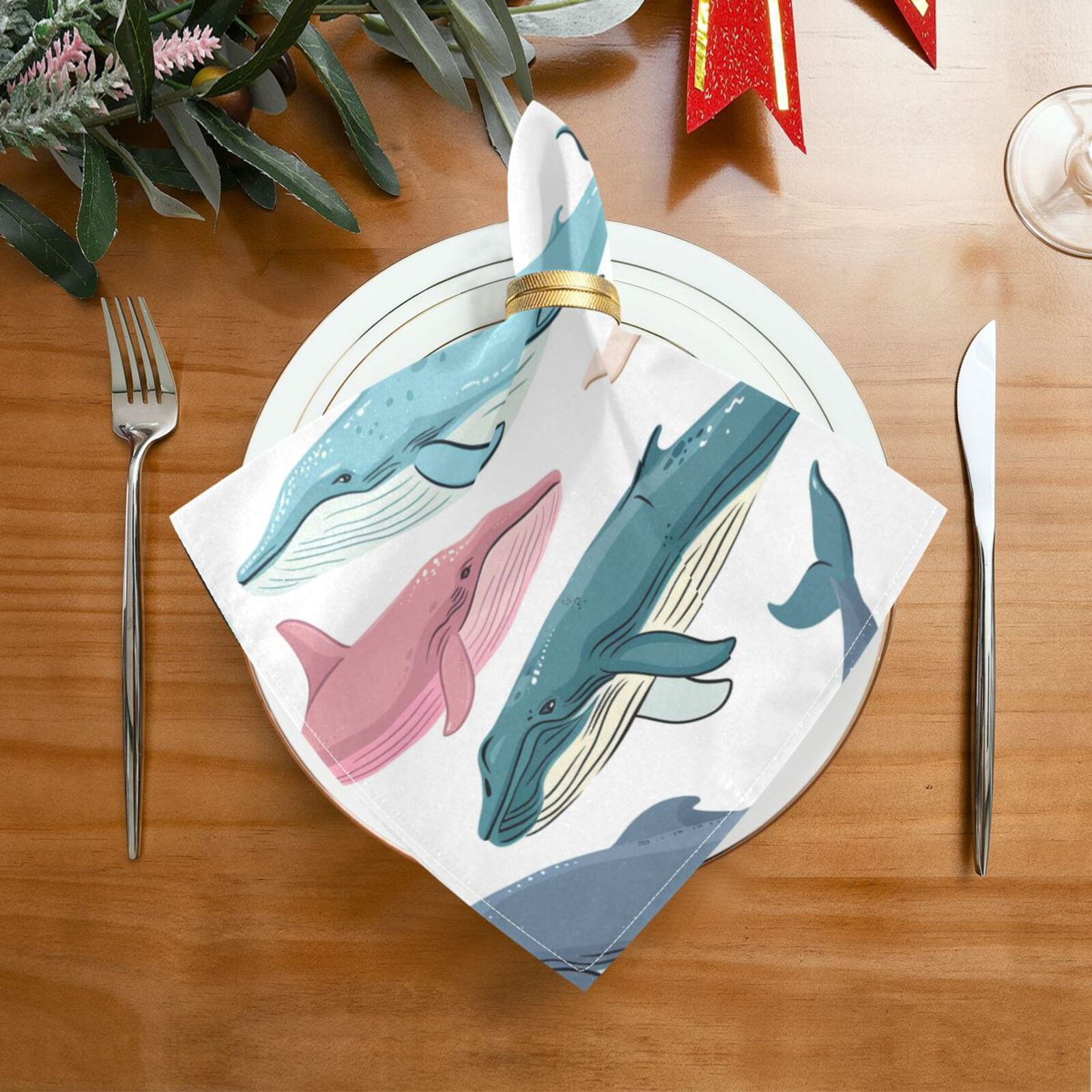 JSTEL Colorful Whales Cloth Napkins Set of 6, 20x20 Inch Washable and Reusable Napkin for Decoupage Dinner Party Everyday Use