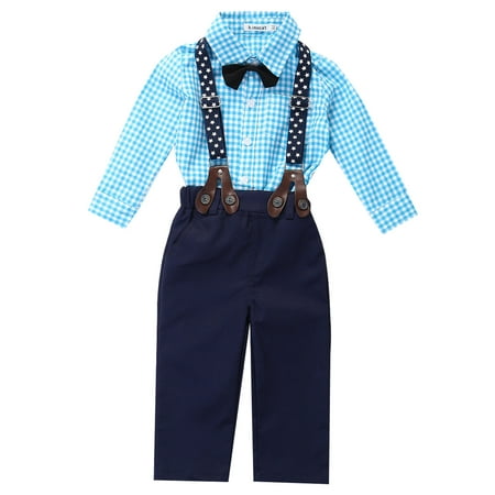 

Bebiullo Infant Newborn Baby Boy Bow Tie Plaid Shirt Suspender Pants Outfit Set