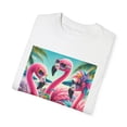 thumbnail image 4 of Summer Flamingos Cheering Palms Beach Unique Unisex Garment-Dyed T-shirt, 4 of 8