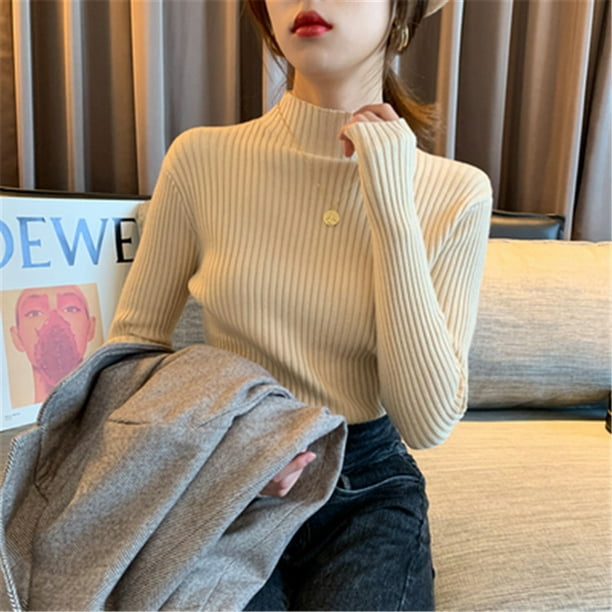 Women Half Turtleneck Sweater Slim-fit Long Sleeve Knitted Solid Pullover  Bottoming Shirt 