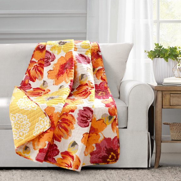 Lush Decor Leah Floral Polyester Reversible Throw, 60x50, Red/Orange, Single