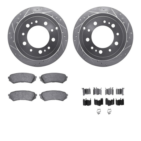Dynamic Friction Company Rear Brake Rotors-Drilled and Slotted-Silver with 5000 Advanced Brake Pads includes Hardware 7512-76116