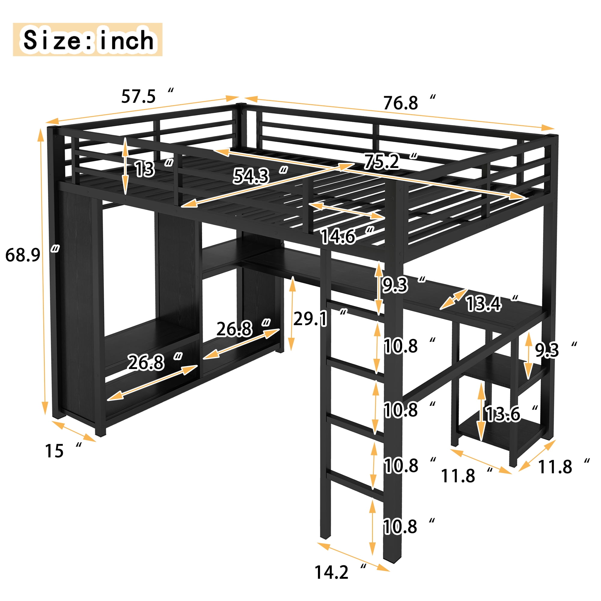 HOQBN Loft Bed Full Size with Built-in Wardrob,Metal Loft Bed Frame with Desk and Storage Shelves,Black