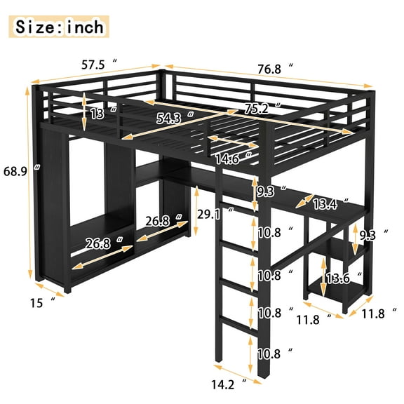 Full Size Loft Bed Frame with Built-in Wardrobe, Metal Loft Bed with Desk and Storage Shelves, Black