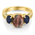 thumbnail image 3 of Gem Stone King 2.61 Ct Oval Red Tiger Eye Blue Sapphire 18K Yellow Gold Plated Silver Ring (Size 8), 3 of 6