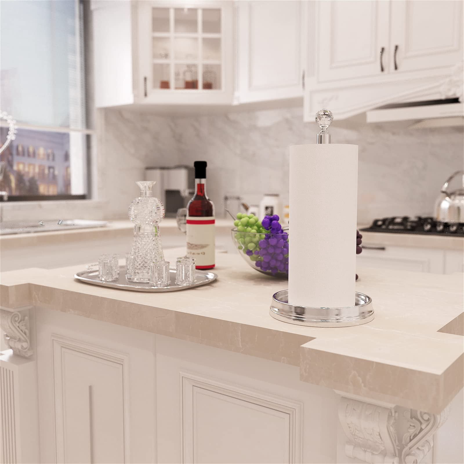 Crystal Ball Paper Towel Holder - Steel Stand For Countertops & Tables  Fits Standard Rolls Polished Chrome