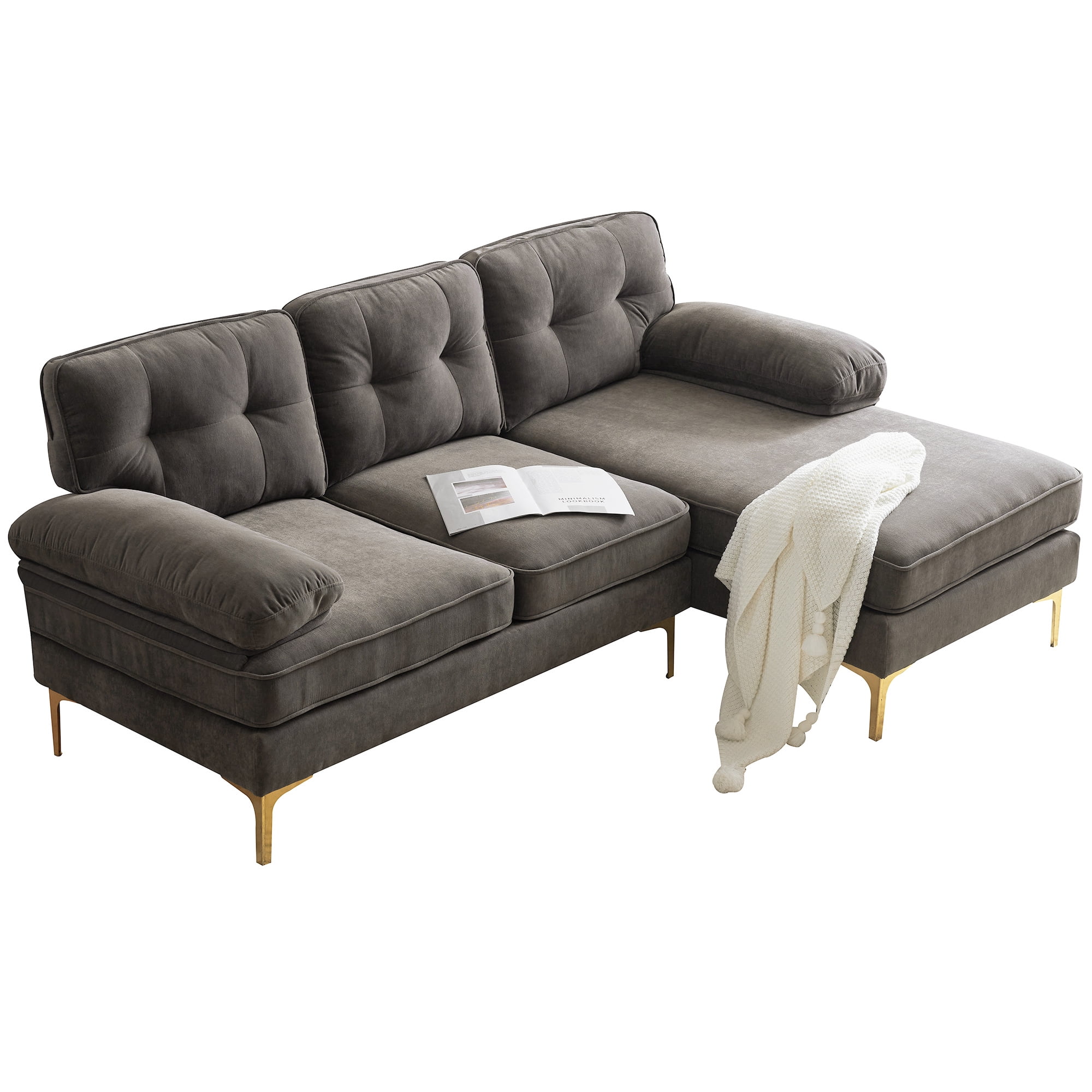 Aukfa 83" Velvet Sectional Sofa, Tufted Couch with Chaise for Living Room, Pillow Top Arm, Brown