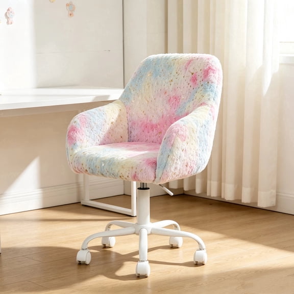 Kids Desk Chair, Adjustable Swivel Faux Fur Study Chair with Armrests, Comfy Upholstered Computer Chair Student Task Chair Vanity Chair
