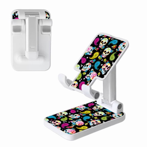WIRESTER White Foldable Phone Stand for Desk, Adjustable Portable Cell Phone Holder for iPhone 17, 16, 15, 14 and Android Smartphones - Colorful Sugar Skulls