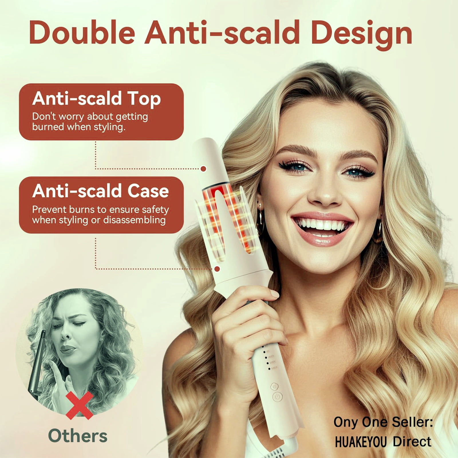 HUAKEYOU Auto Rotating 2-in-1 Hair Curling Iron 28mm Off White, 3 Temp Settings, 60-Min Auto Shut Off, Anti-Scald Ionic Styler