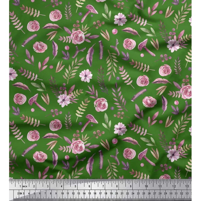 Soimoi Tissu en Coton Vert Canard Imprimé Feuilles de Pacanier & Roses au Mètre 42 Pouces de Large