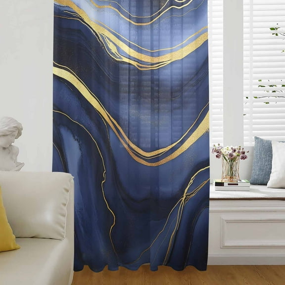 Marble Navy Blue Semi Sheer Curtains Drapes for Living Room, Bedroom, French Doors Window 72 Inches Long, Modern Golden Ombre Retro Fluid Art Rod Pocket Chiffon Curtain Drapery Voile Draperies Panel