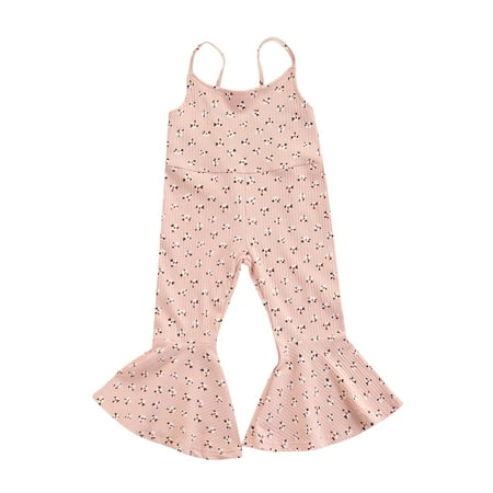 

Gwiyeopda Toddler Baby Girl Sleeveless Rompers Suspender Jumpsuit Flower Flare Bell Bottoms Long Pants