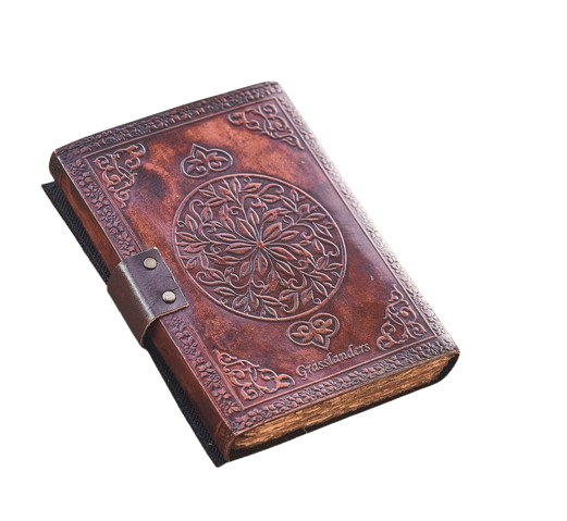 Handmade Leather Journal with Tiger Eye Stone & Celtic Moon Design – 5x7 Inch Vintage Deckle Paper Notebook, 200 Pages