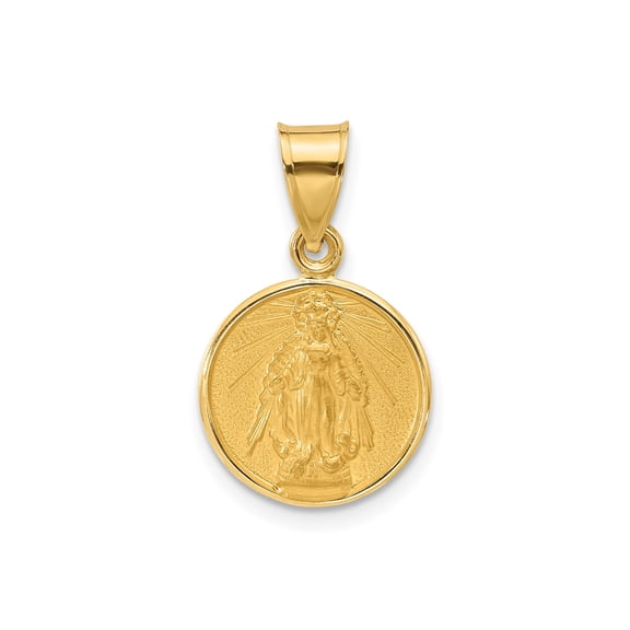 14k Yellow Gold Virgin Mary Pendant Medallion with Radiant Beams, Catholic Christian Religious Jewelry for Women and Unisex Wearers, Round Devotional Necklace