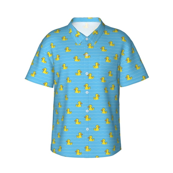 Gukieu Duck Swimming Print Men's Short-sleeved Shirts, Button-down Lapel Hawaiian Shirts, T-shirts, Beach Vacation Summer Casual Wear,Small