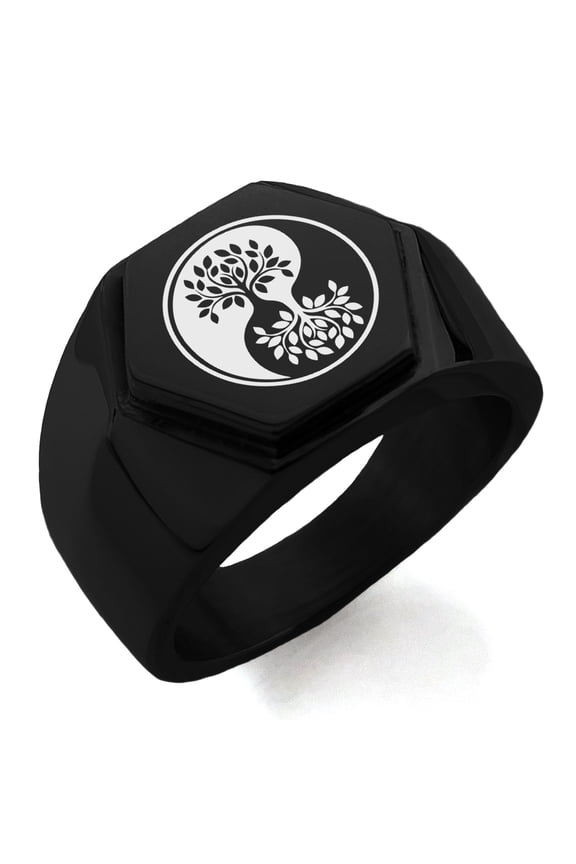 Stainless Steel Tree of Life Yin Yang Engraved Hexagon Crest Flat Top Biker Style Polished Ring