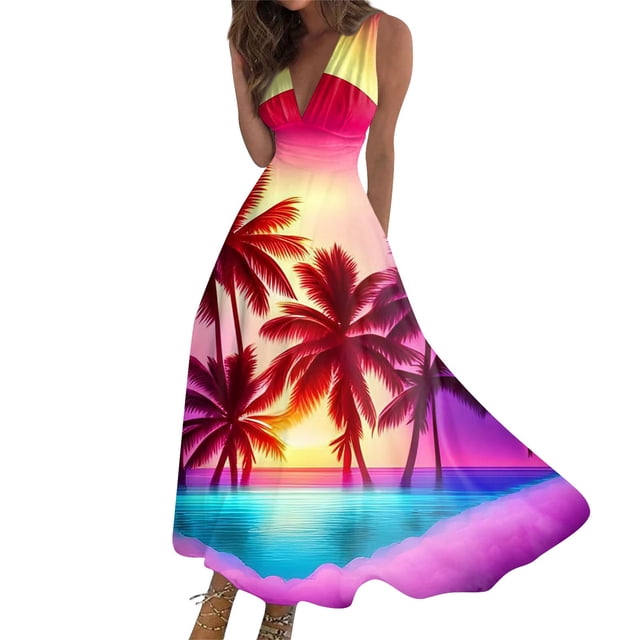 Robes d'Été pour Femmes Colorées, Fluides, Décontractées, Sans Manches, Robes Maxi, Tenue de Plage Hawaïenne avec Encolure en V