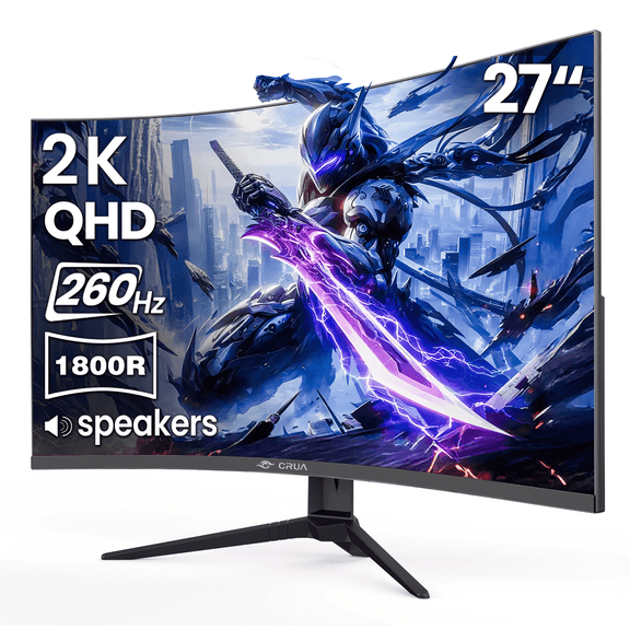 CRUA 27'' 2K 260Hz Curved Gaming Monitor, QHD 1440P,1800R, with Built-in Speakers, Support AMD FreeSync, 120% sRGB, Blue Light Filter, Wall Mountable-Black