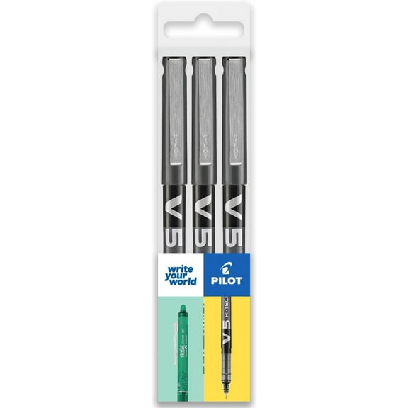 Pilot V5 Hi-Tecpoint Rollerball Pen - Fine 0.5mm Nib - Black Ink - Wallet of 3