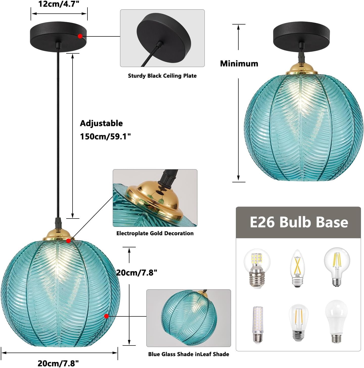 KCO Lighting Mid Century Modern Blue Large Globe Glass Pendant Light, Round Ceiling Hanging Lighting Fixture, Adjustable Cord