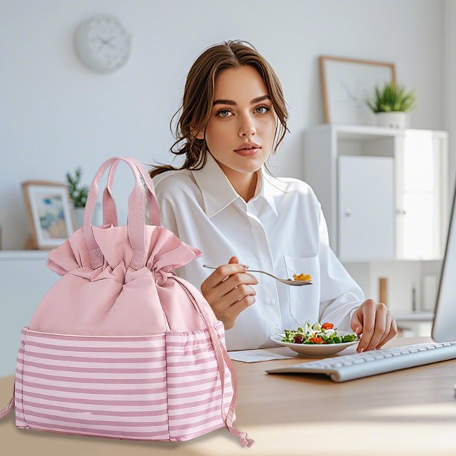 Bolsa de almuerzo para mujer | Lindo bolso de almuerzo con aislamiento de pana | Gran capacidad con cordón y múltiples bolsillos | Bolso nevera reutilizable | Rosa | 11,81 x 6,69 x 11,02 pulgadas