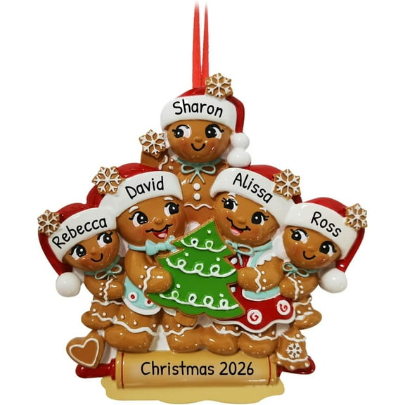 Personalized Gingerbread Family Custom Ornament - Family of 5 Customized Cookies for Christmas Tree