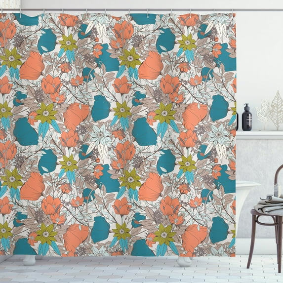 Spring Shower Curtain, Flower Composition Garden Art Themed Design Tulips Poppy and Foliage Illustration, Fabric Bathroom Set with Hooks, 69W X 75L Inches Long, Multicolor, by Ambesonne