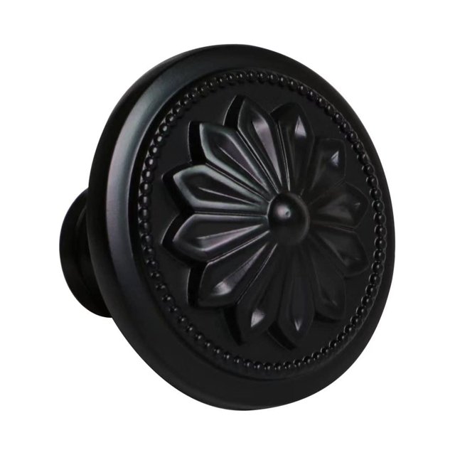 Paquete de 4 pomos para armarios y cajones, color negro mate, 1.417 in de diámetro, redondos, negros, para armarios de cocina, pomos para armarios, diseño de flores, color negro, para cajones de tocad