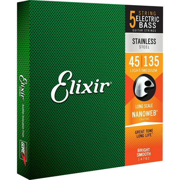 Elixir Stainless Steel 5-String Bass Strings Long Scale Light/Medium (.045-.135)