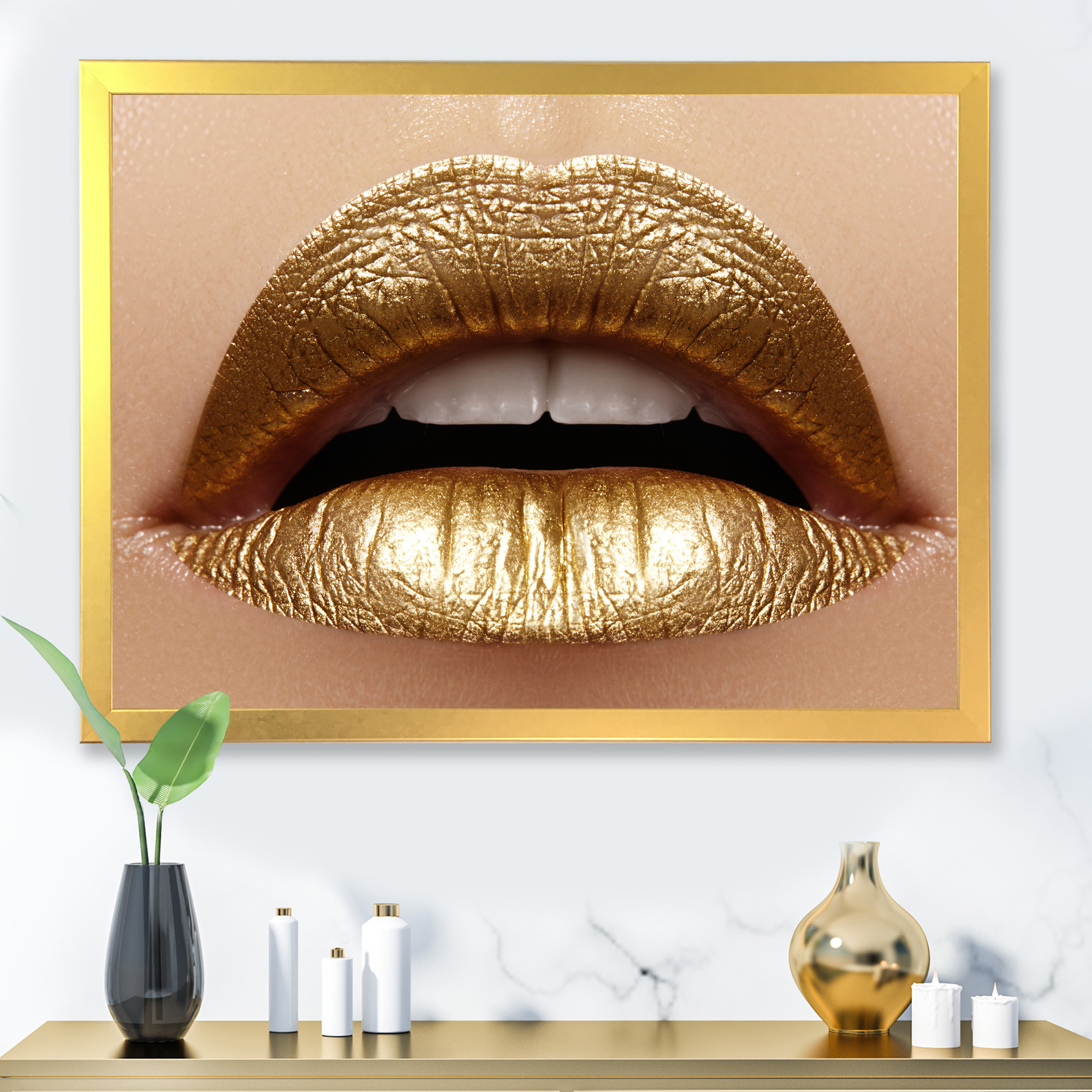 Designart 'Close Up of Woman Plump Lips With Golden Lipstick' Modern Framed Art Print