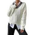 thumbnail image 2 of Womens V Neck Oversized Sweaters Long Sleeve Cable Knit Pullover Striped Chunky Sweater Casual Tennis Tunic Tops White L, 2 of 8