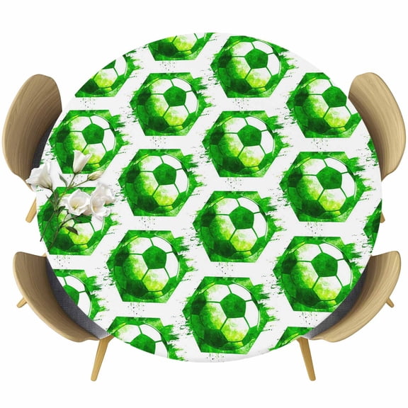 Green Football Round Tablecloth 45-54 Inch Round Fitted Table Cloth with Elastic Edge, Watercolor Soccer Geometric Sports Waterproof Table Cover Protector for Outdoor Picnic Party Dining